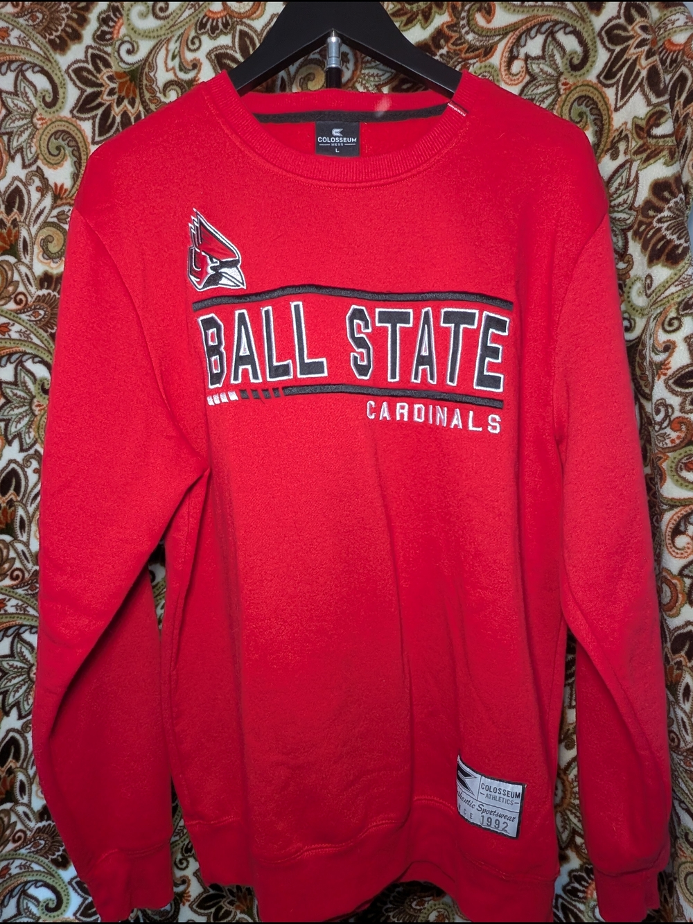 Colosseum Red Ball State Cardinals Crewneck Sweatshirt